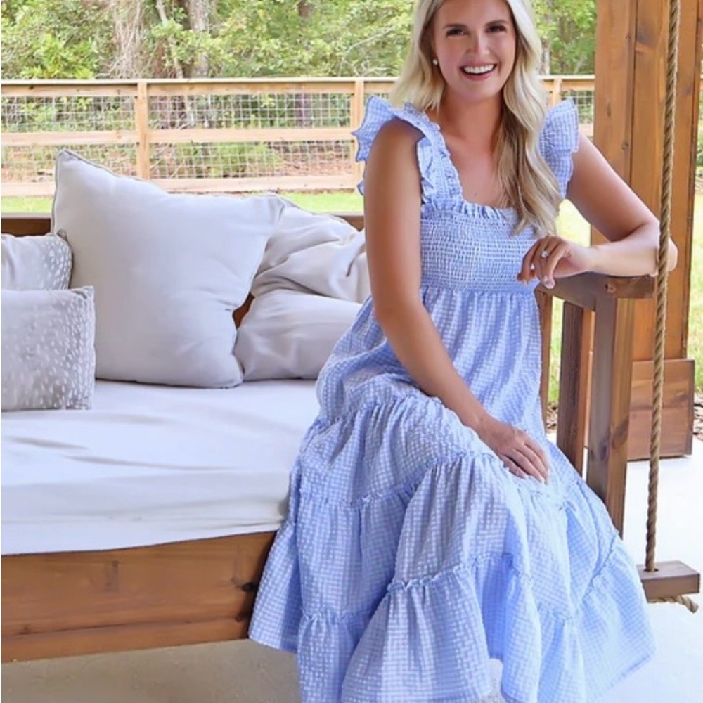 Light Blue Gingham Smocked Ruffle Strap Maxi Dress - Size XS